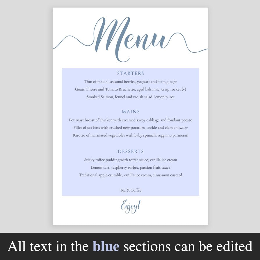 editable text of baby blue wedding menu highlighted