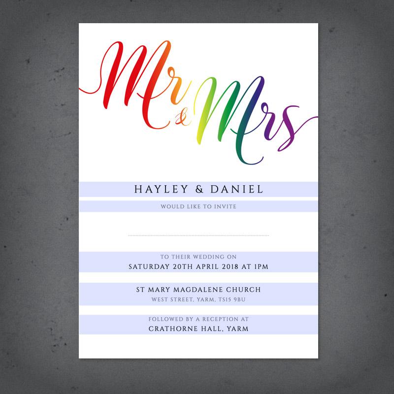 editable text on mr & mrs rainbow wedding invitation template