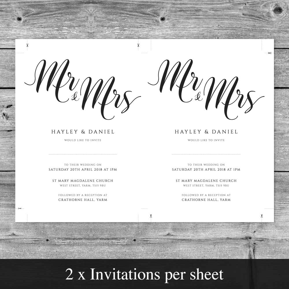 mr and mrs wedding invitation template set up to print two invites per page