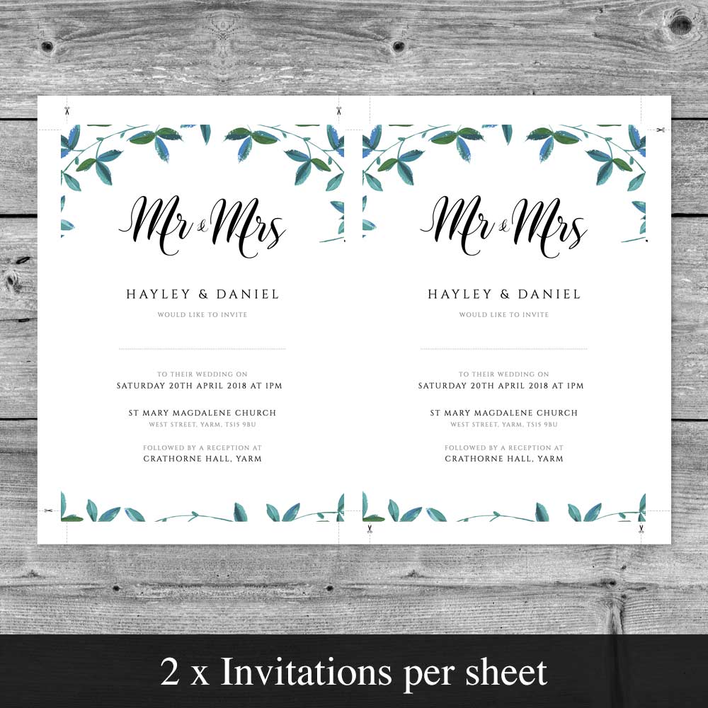 2 per page editable wedding invitation template on rustic wood background