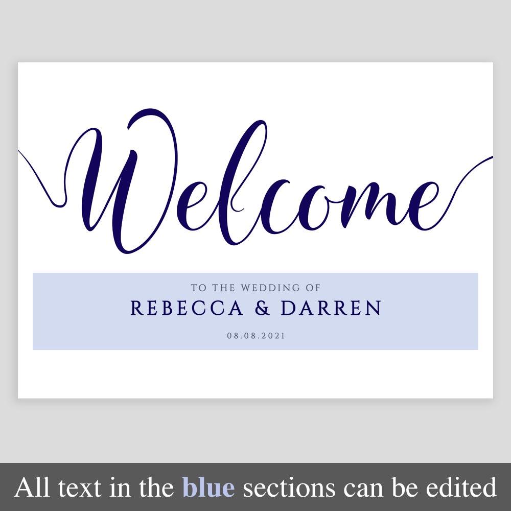 editable text on the blue wedding welcome sign