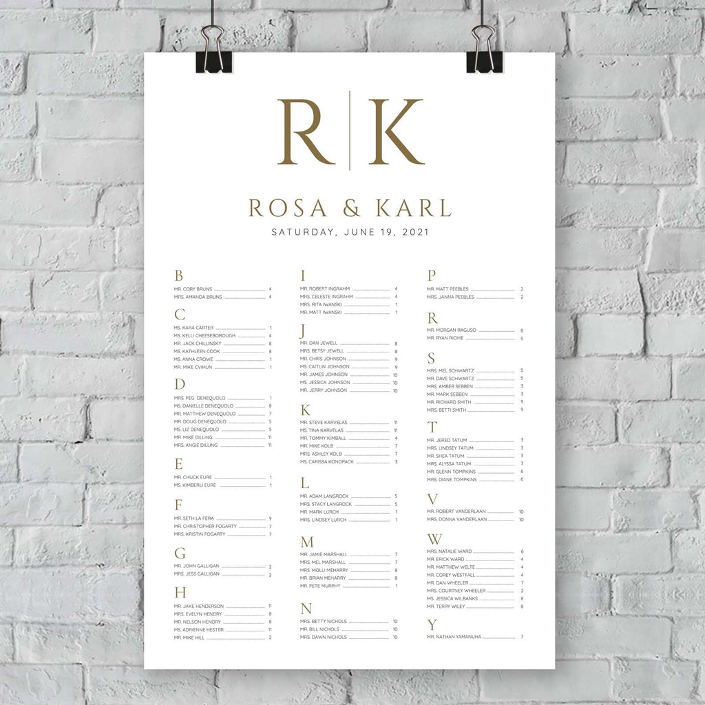 classic gold alphabetical seating chart hanging wall