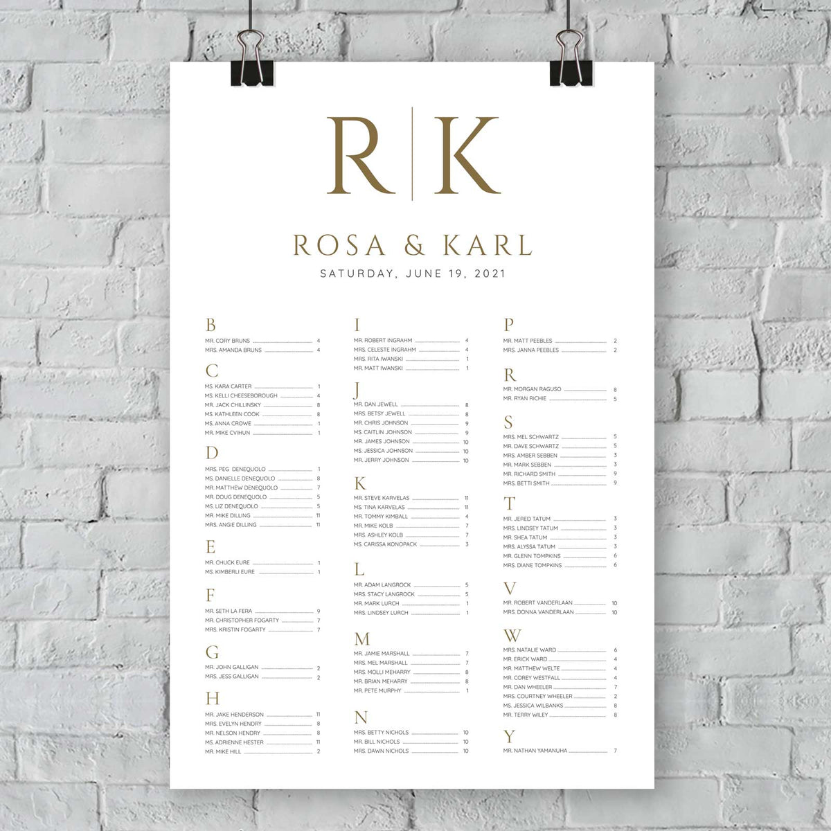 classic gold alphabetical seating chart hanging wall
