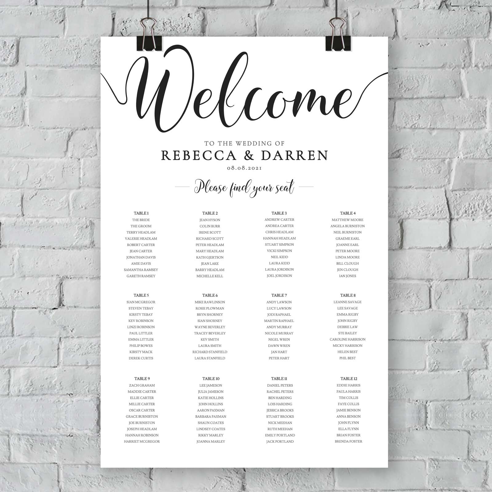 Editable Seating Chart Template Black & White - Digital Download – We