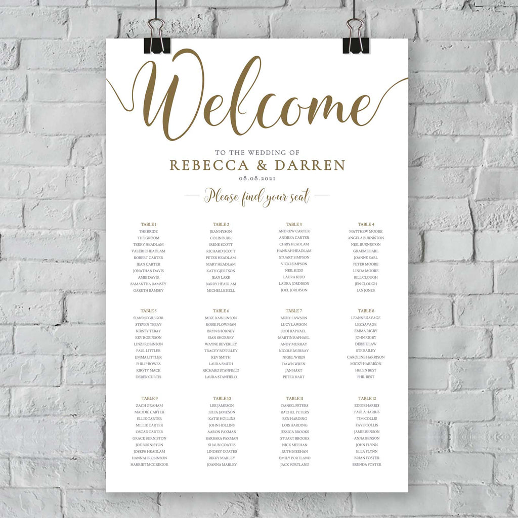 12 table wedding seating plan in gold