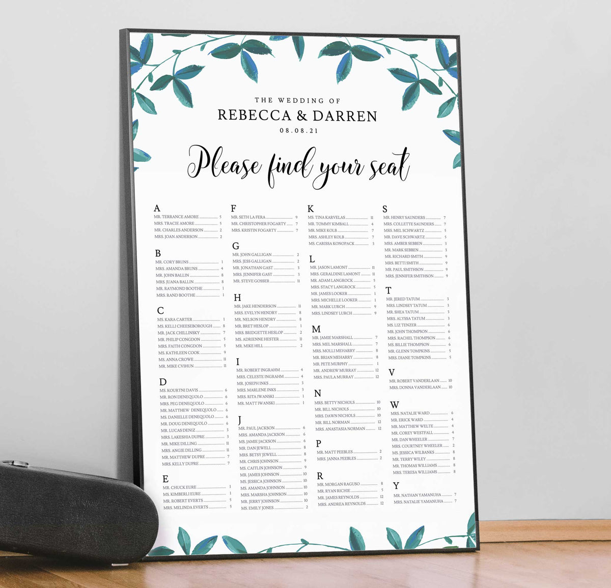 eucalyptus alphabetical seating chart framed print