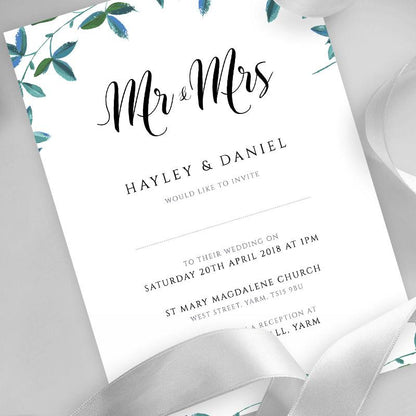 printable eucalyptus wedding invitation with ribbons all around