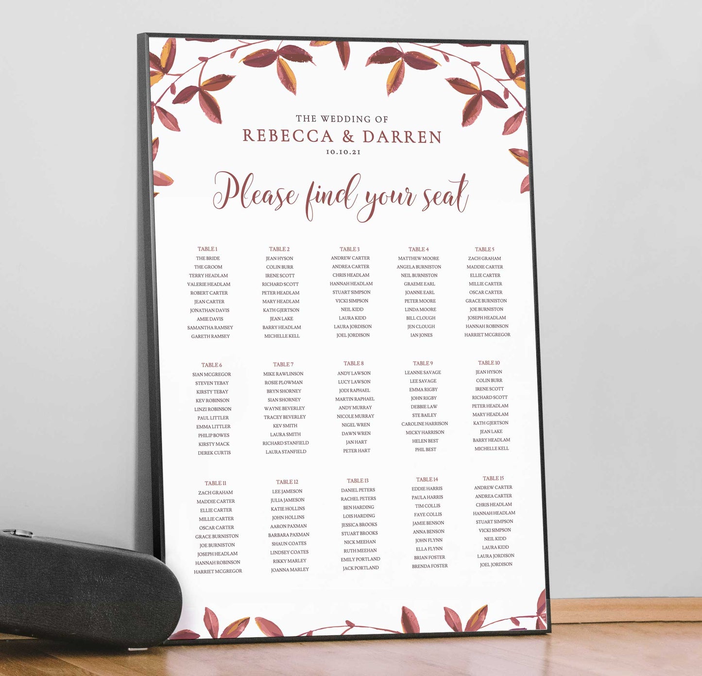 fall leaves 15 table seating chart framed