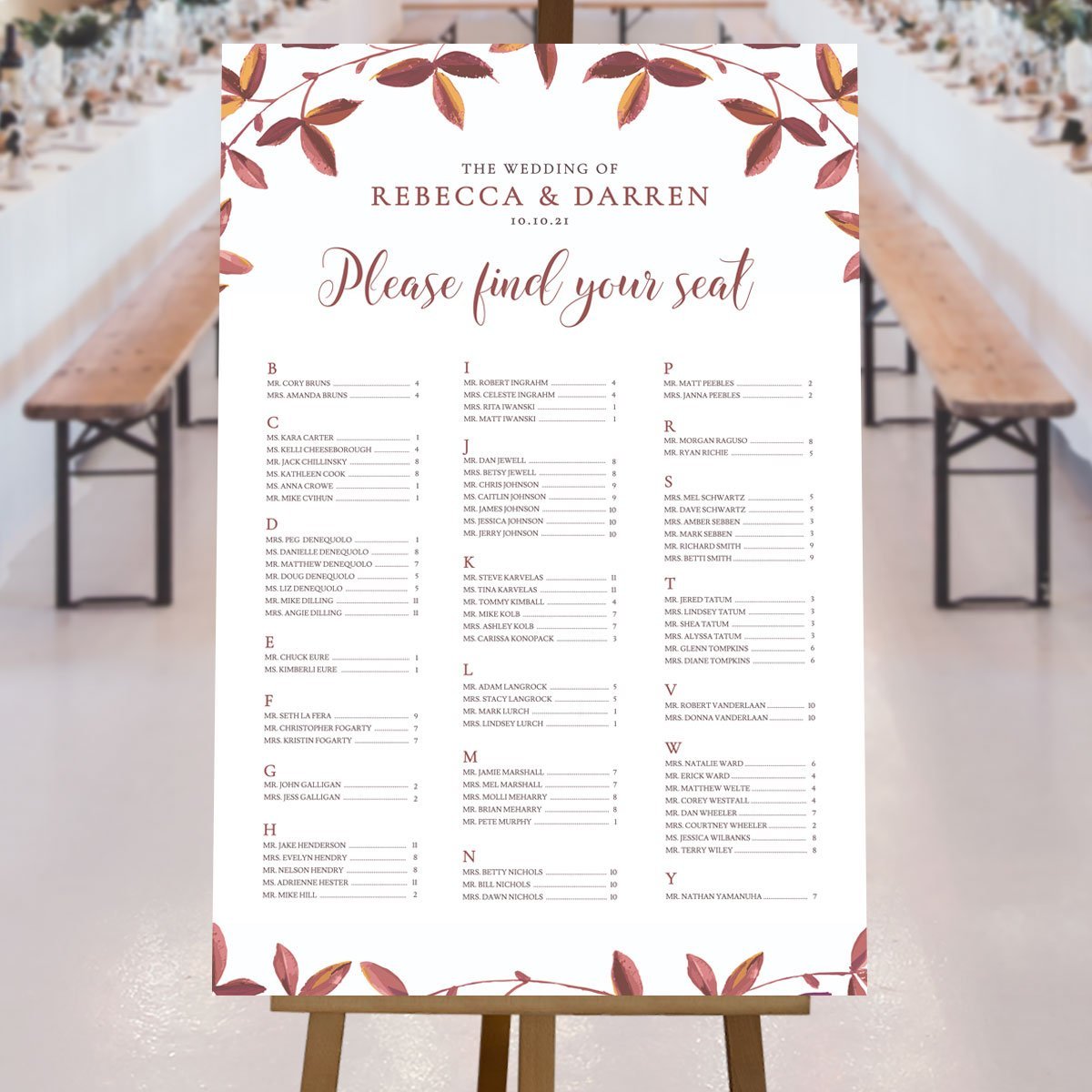 fall leaves a-z seating plan at wedding reception