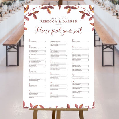 fall leaves a-z seating plan at wedding reception