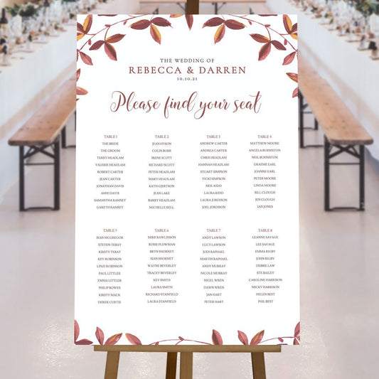 fall leaves seating plan at wedding reception