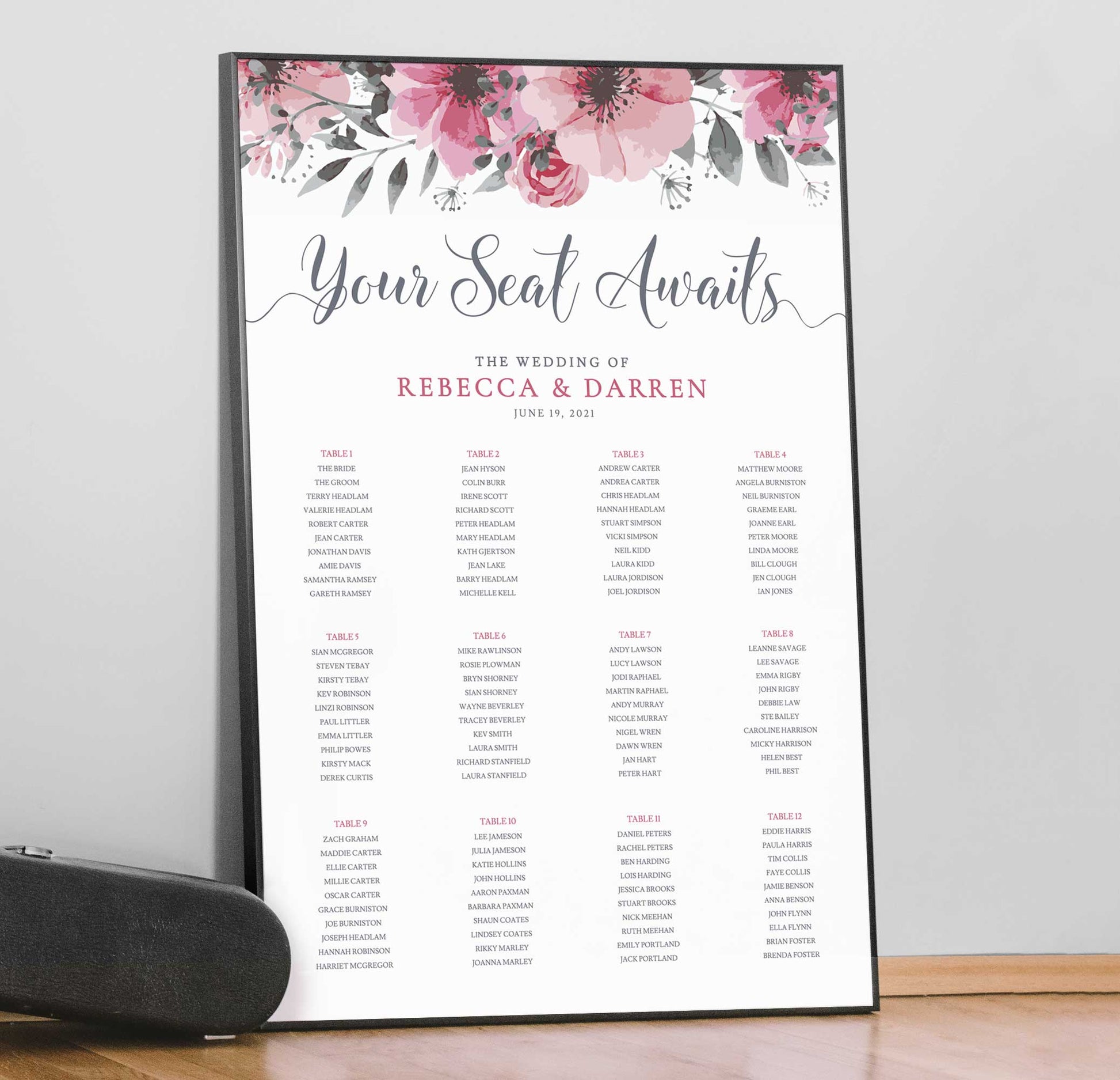 framed print of floral seating plan template