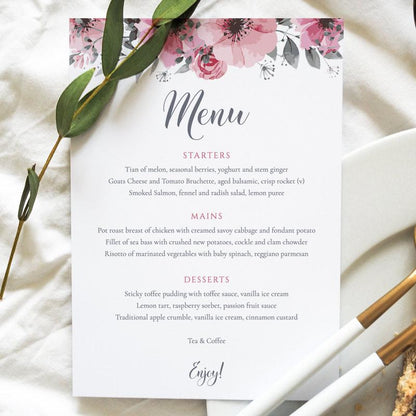 5x7 wedding menu card with floral design