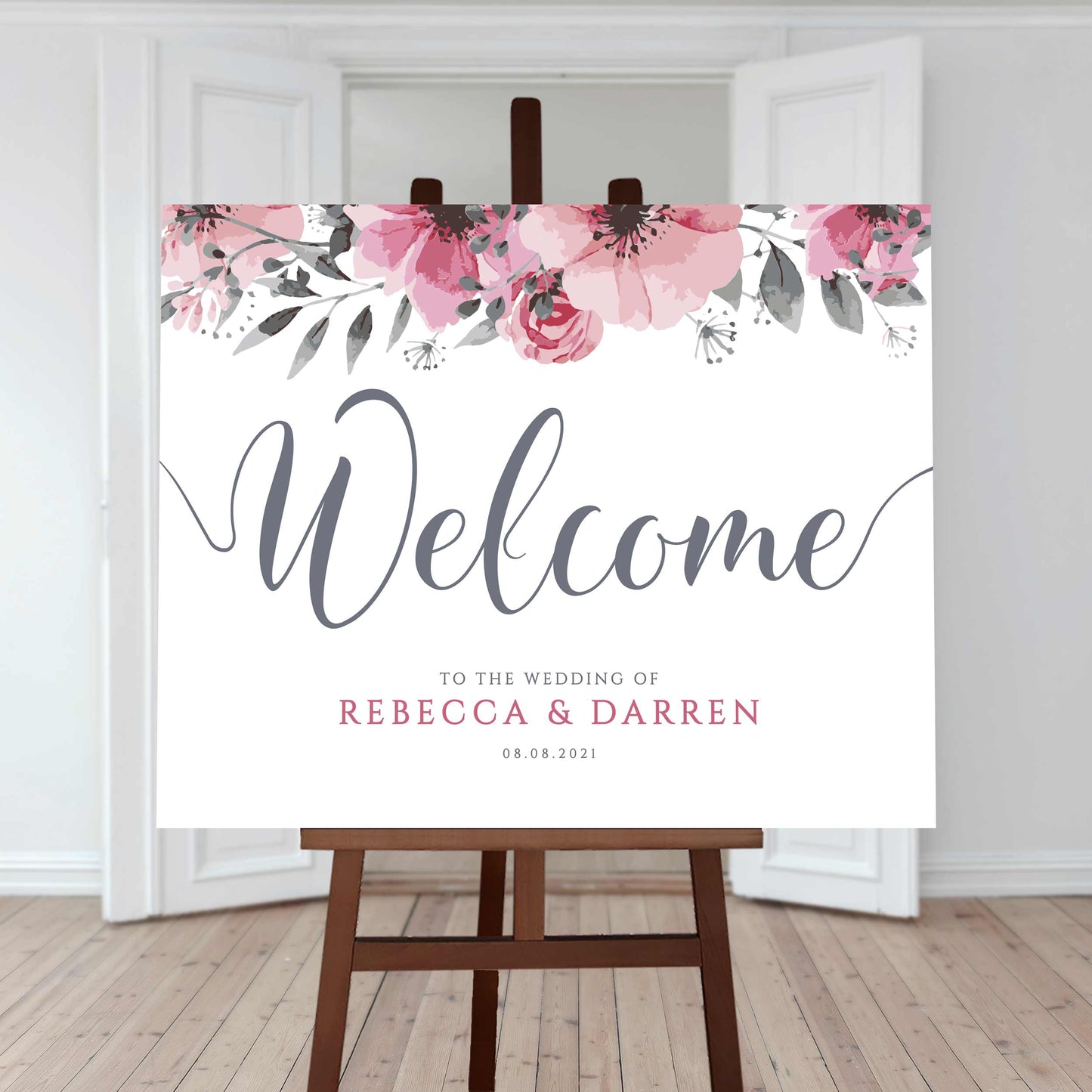 editable wedding welcome sign printed on a large board