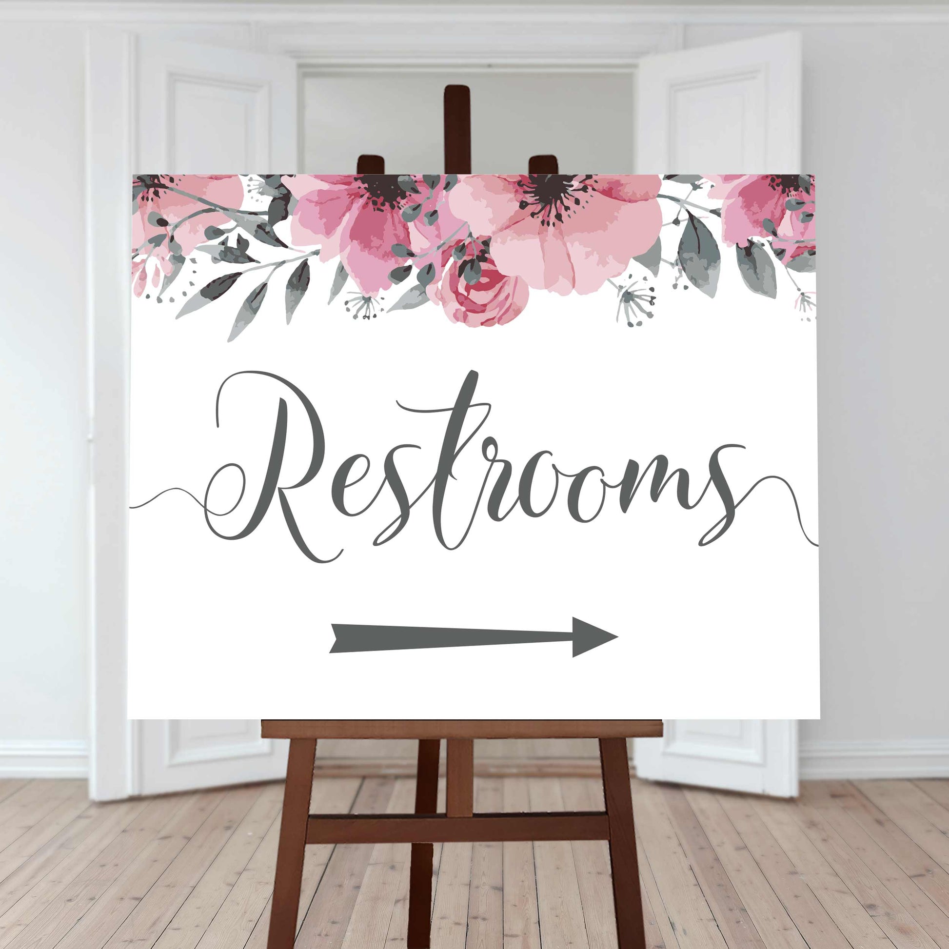 restrooms directions sign right arrow and floral border