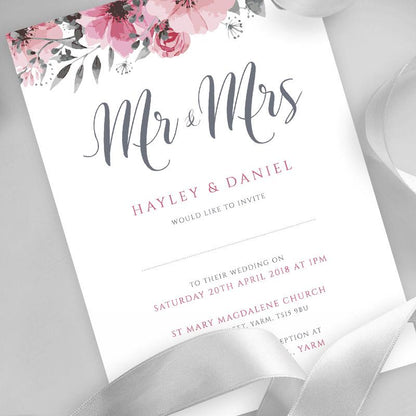 5x7 floral wedding invitation with ribbons