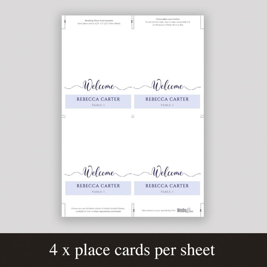 four navy place cards set up to print and trim