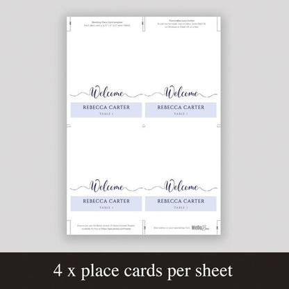 four navy place cards set up to print and trim