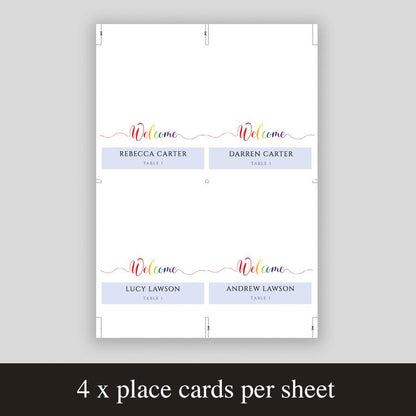 print 4 rainbow place cards per sheet