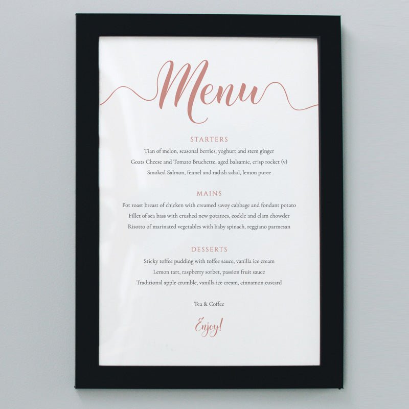 framed wedding menu in rose gold