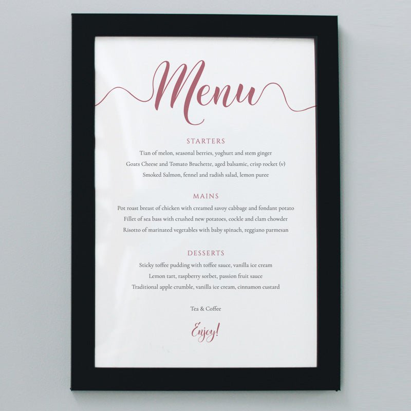 fuchsia pink wedding menu printed and framed