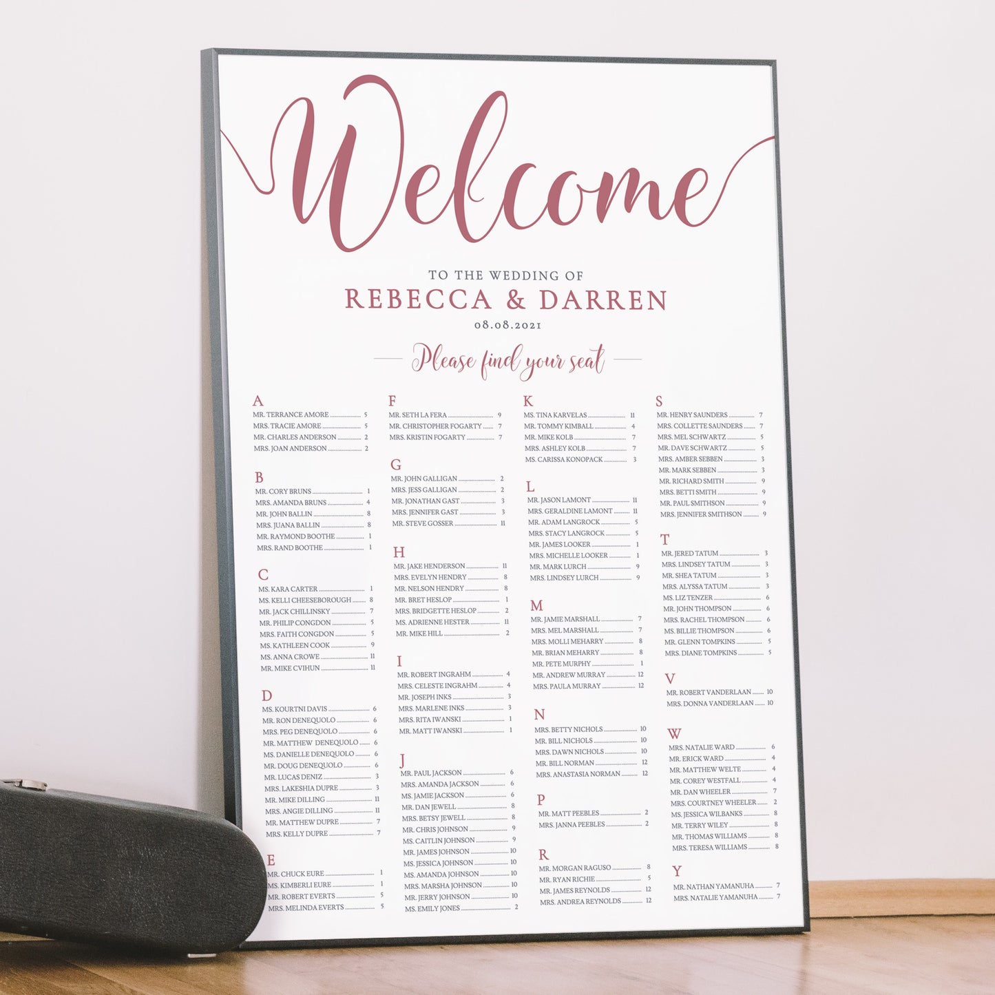 fuschia seating chart template in a frame
