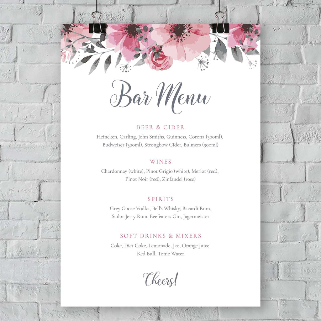 outdoor bar menu beer, cider, wine list, spirits, soft drinks and mixers