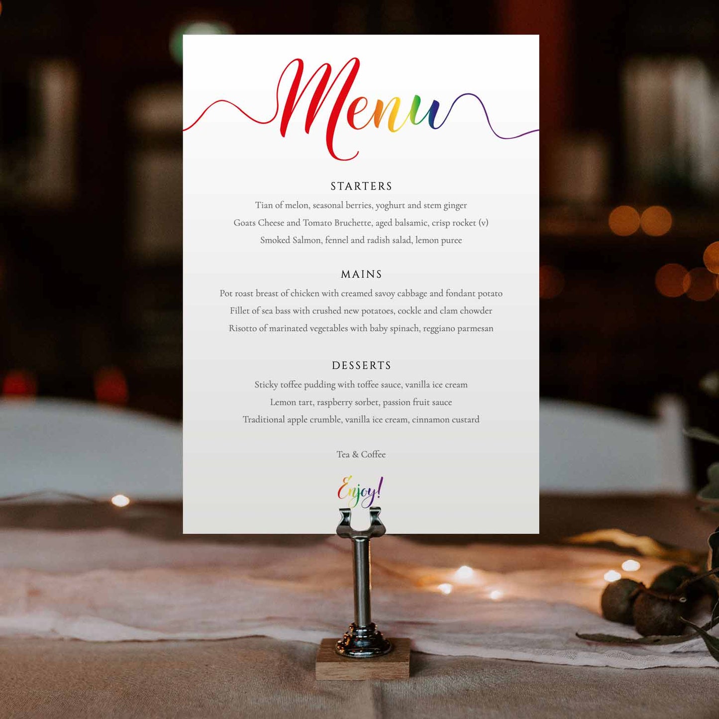 5x7 printed rainbow menu at a wedding reception