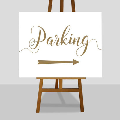 gold parking sign with directional arrows