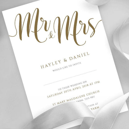 personalised mr & mrs wedding invitation with ribbons