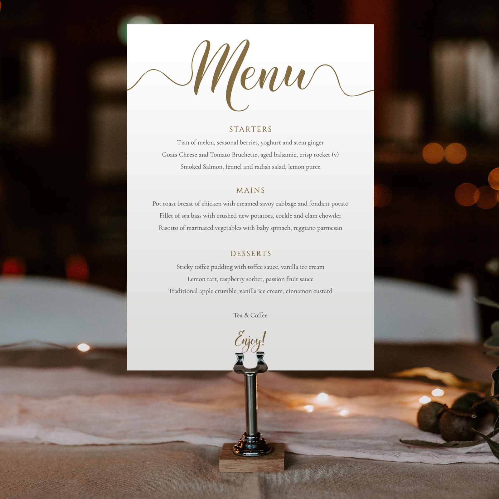3 Course Gold wedding menu with editable text