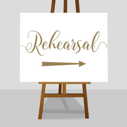 gold wedding rehearsal directions sign