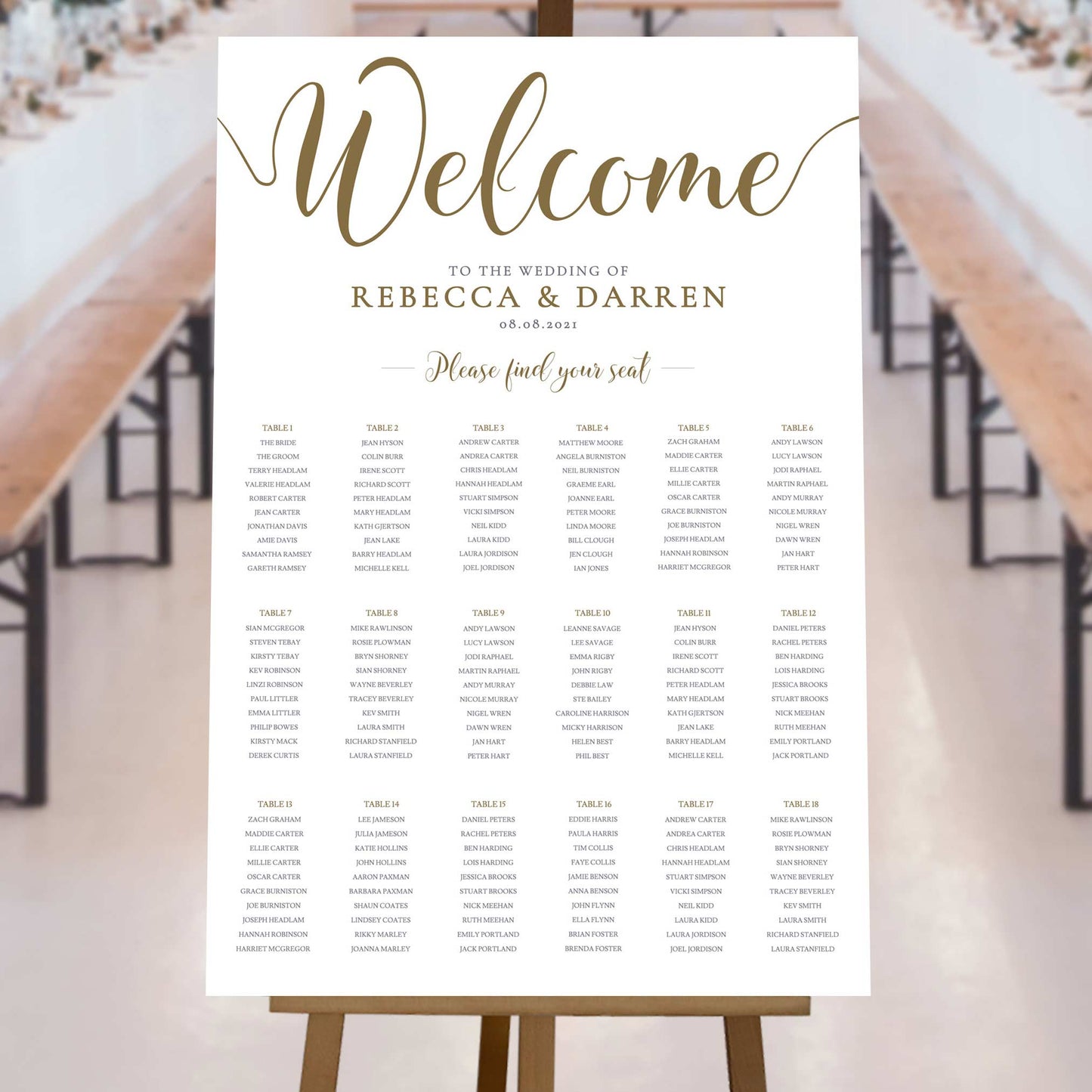 gold wedding seating chart template with 18 tables