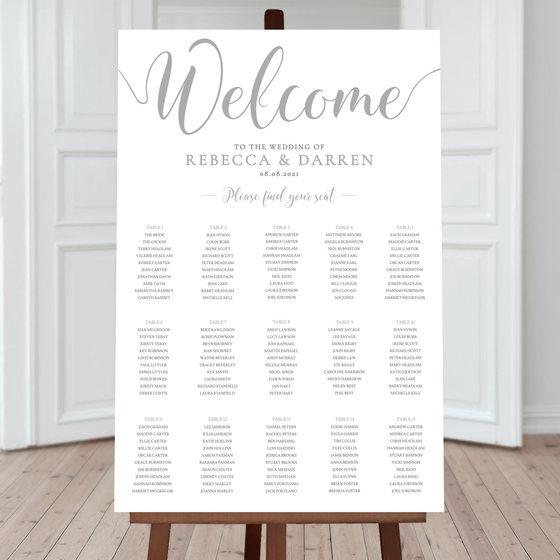 graphite wedding seating chart with 15 tables