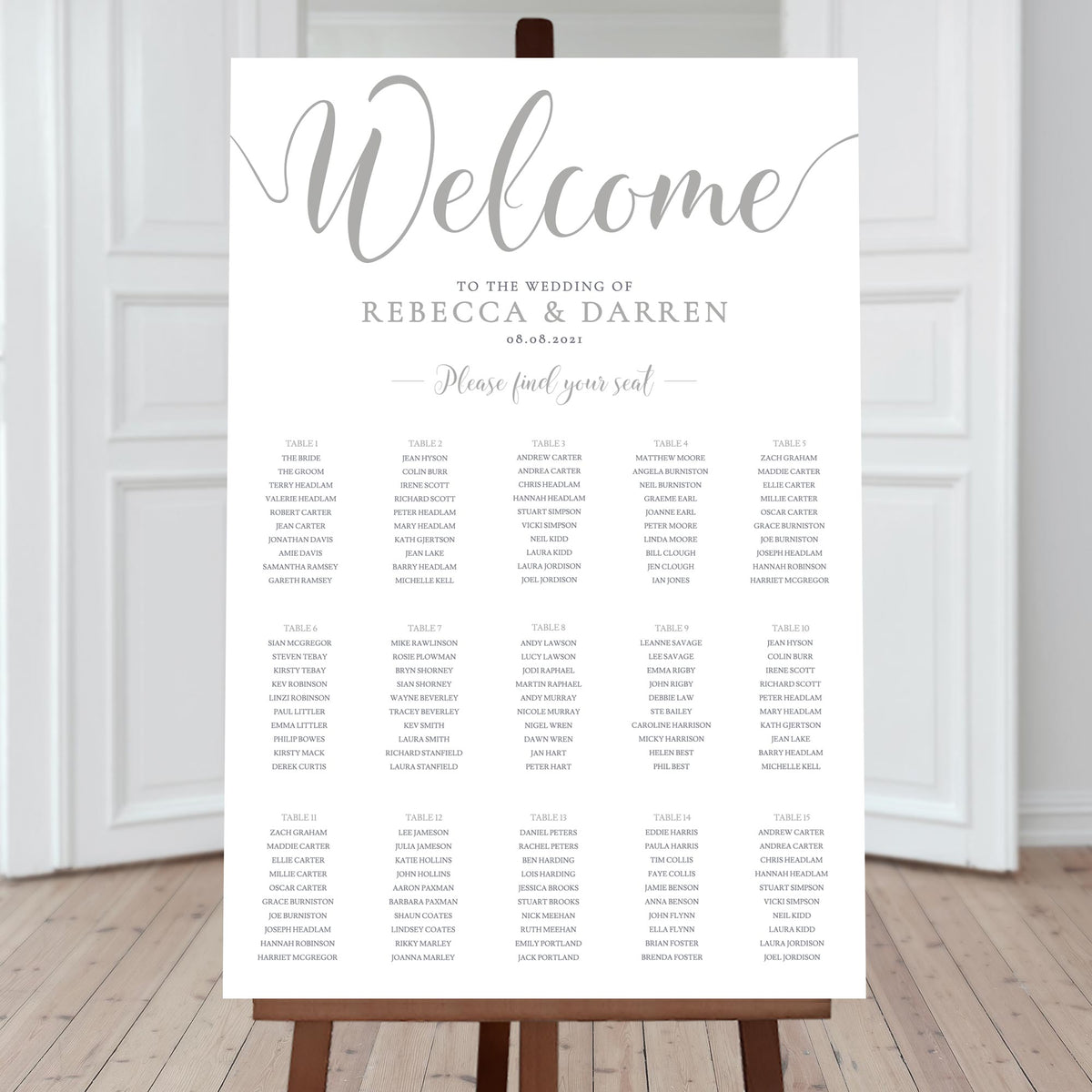 graphite wedding seating chart with 15 tables