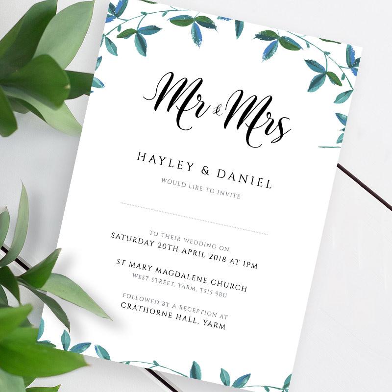 green leaves invitation with leaves overlayed