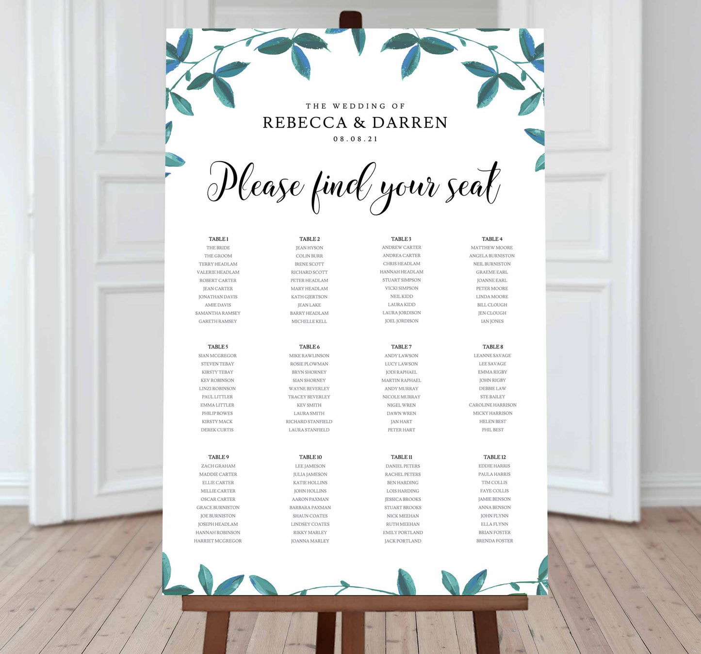 wedding seating chart with bride and grooms name, wedding date, please find your seat with table numbers and guest names