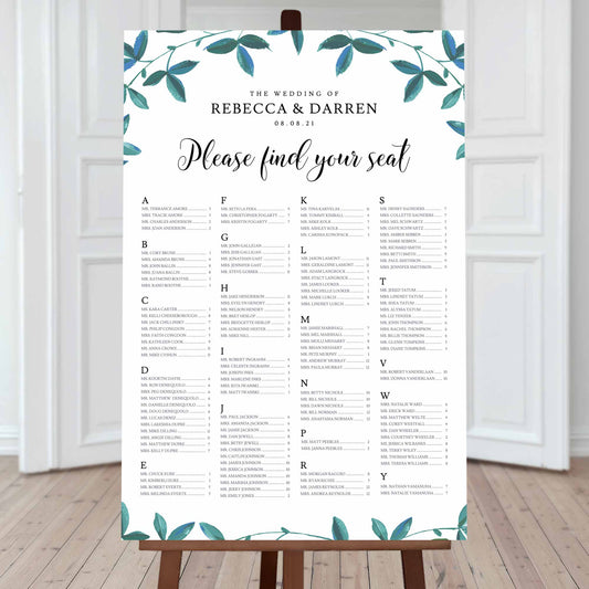green leaves wedding seating chart with guest names in alphabetical order