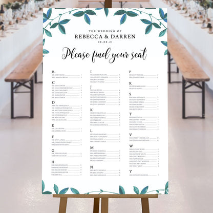 greenery theme a-z seating plan at a marquee wedding reception