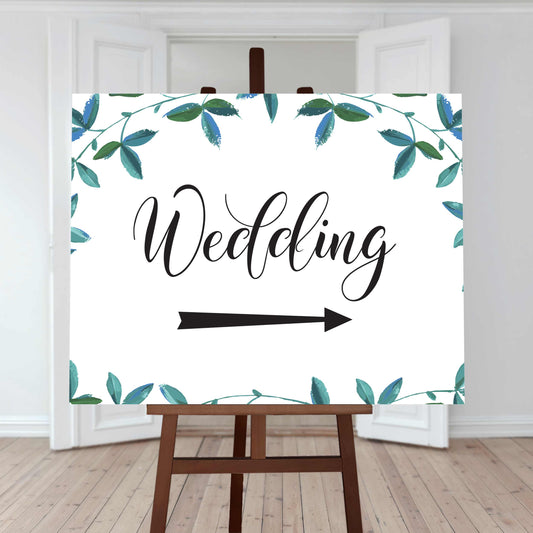 large wedding directions sign right arrow with greenery border
