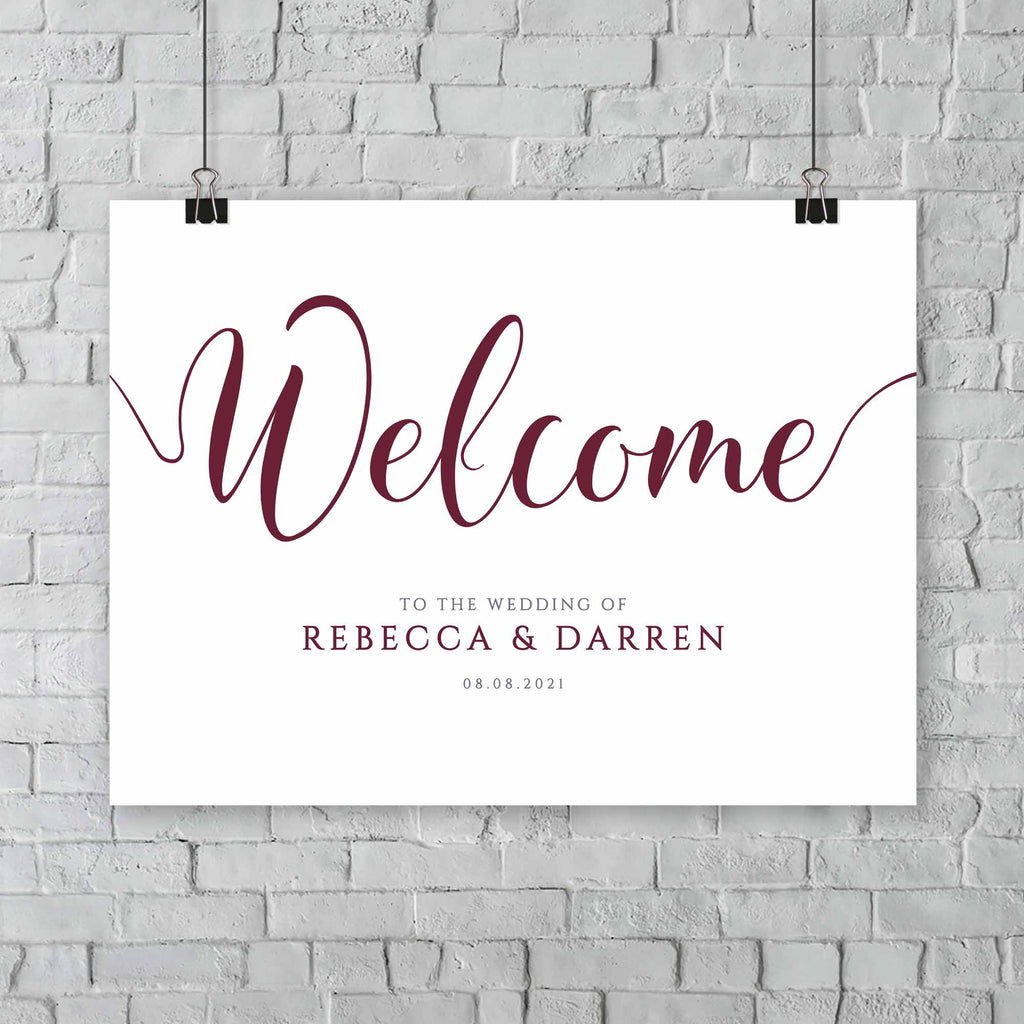 hanging dark red wedding welcome signage