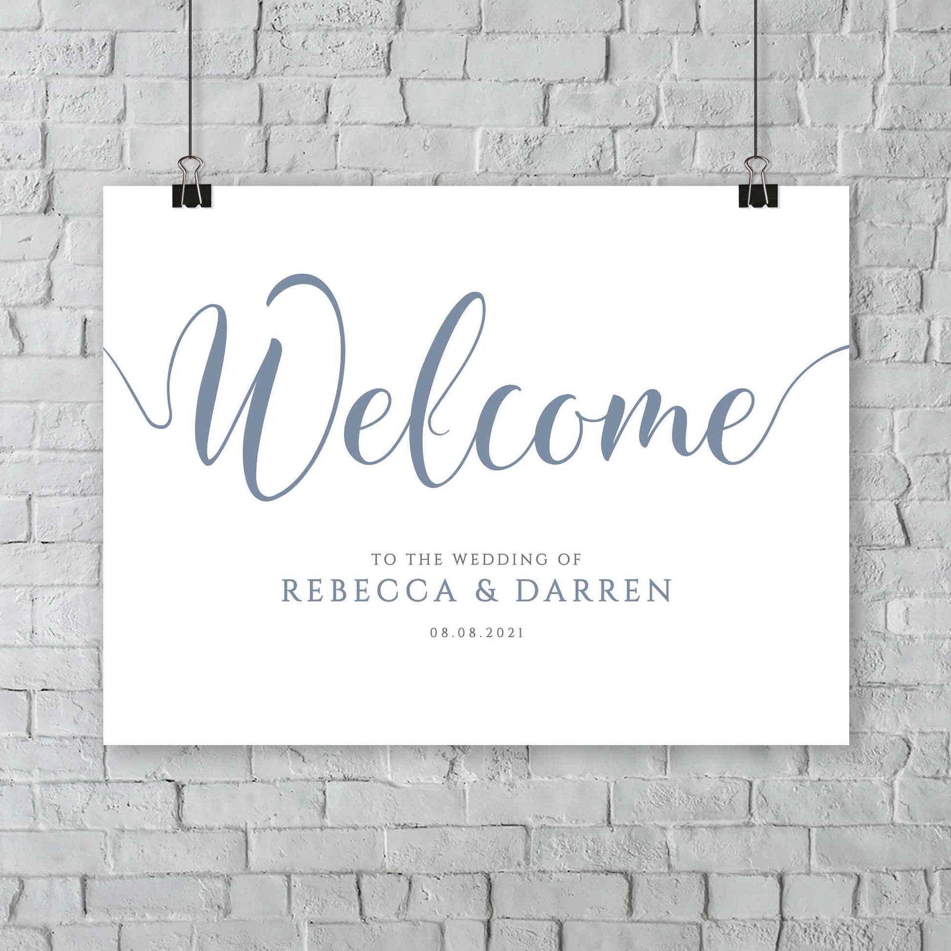 hanging dusty blue wedding welcome signage