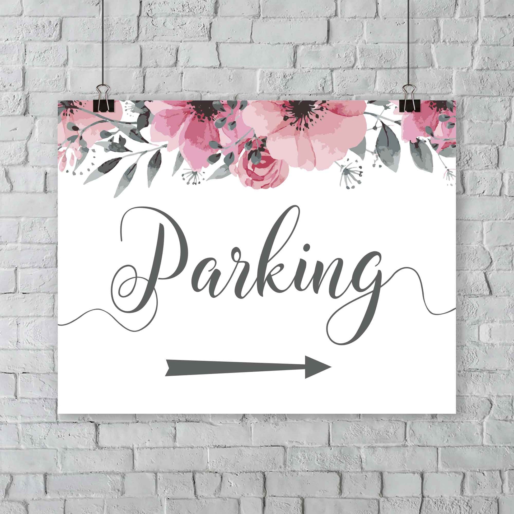 wedding car port arrow sign with floral border hanging from outdoor wall