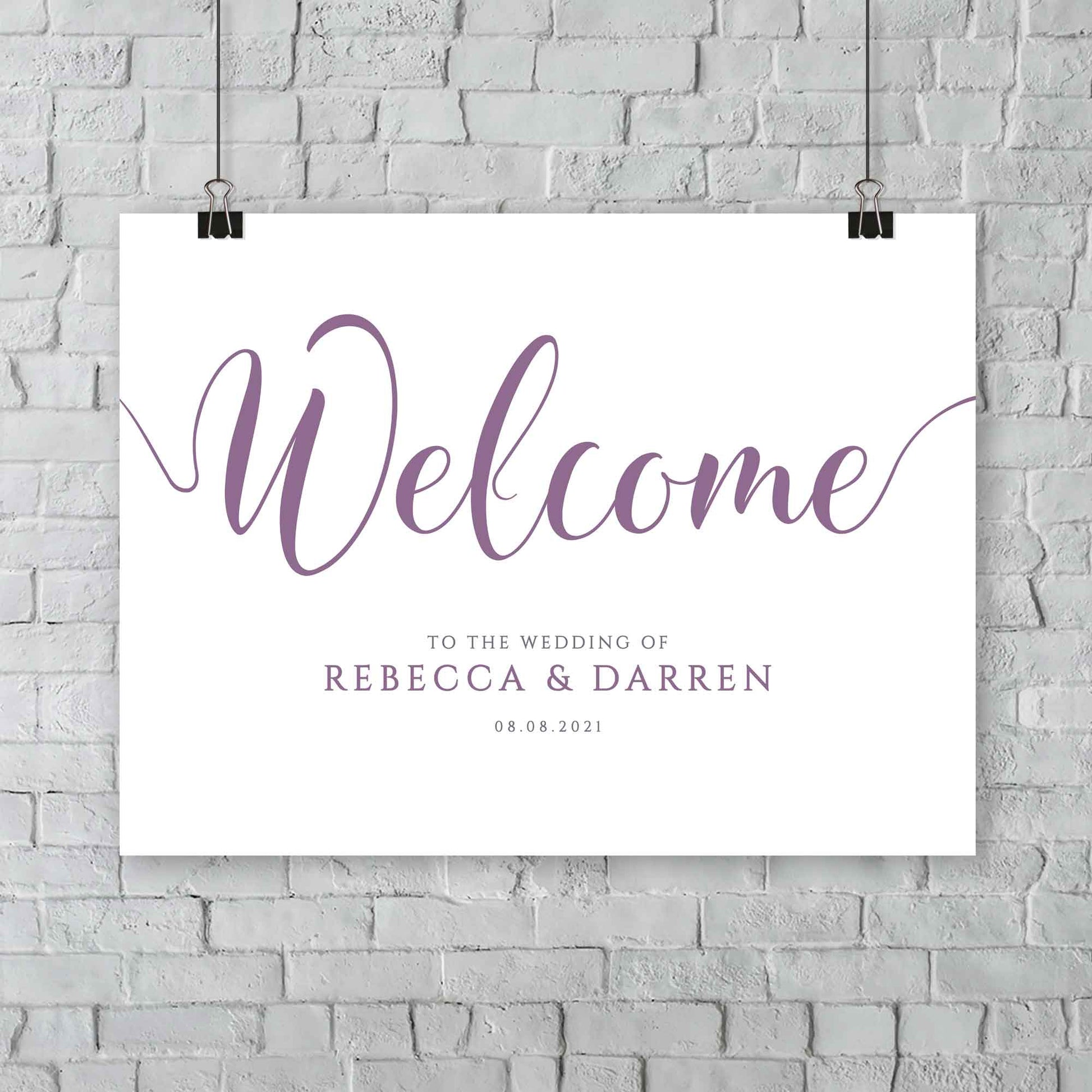 hanging lilac purple welcome signage