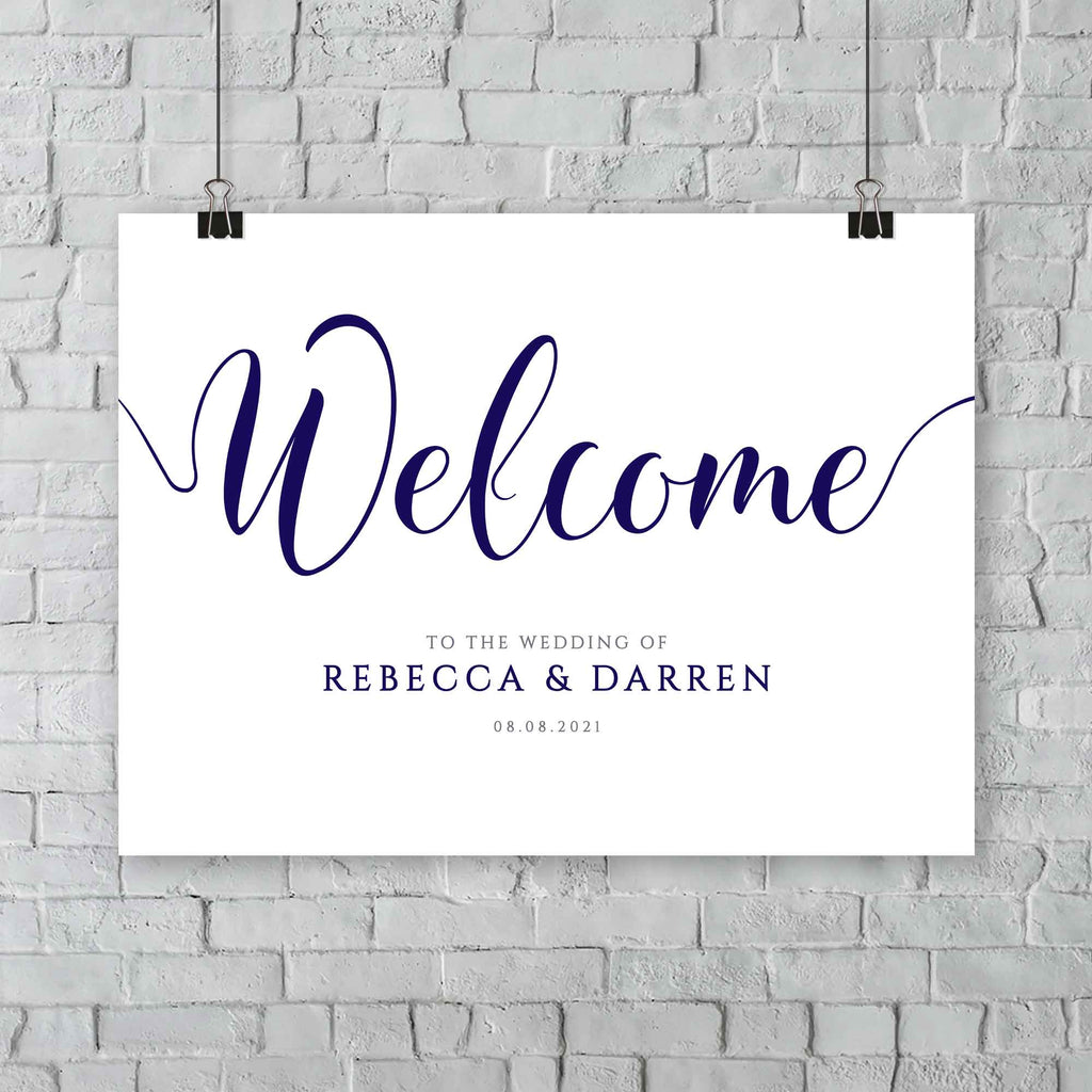navy welcome signage with editable bride and groom names and wedding date