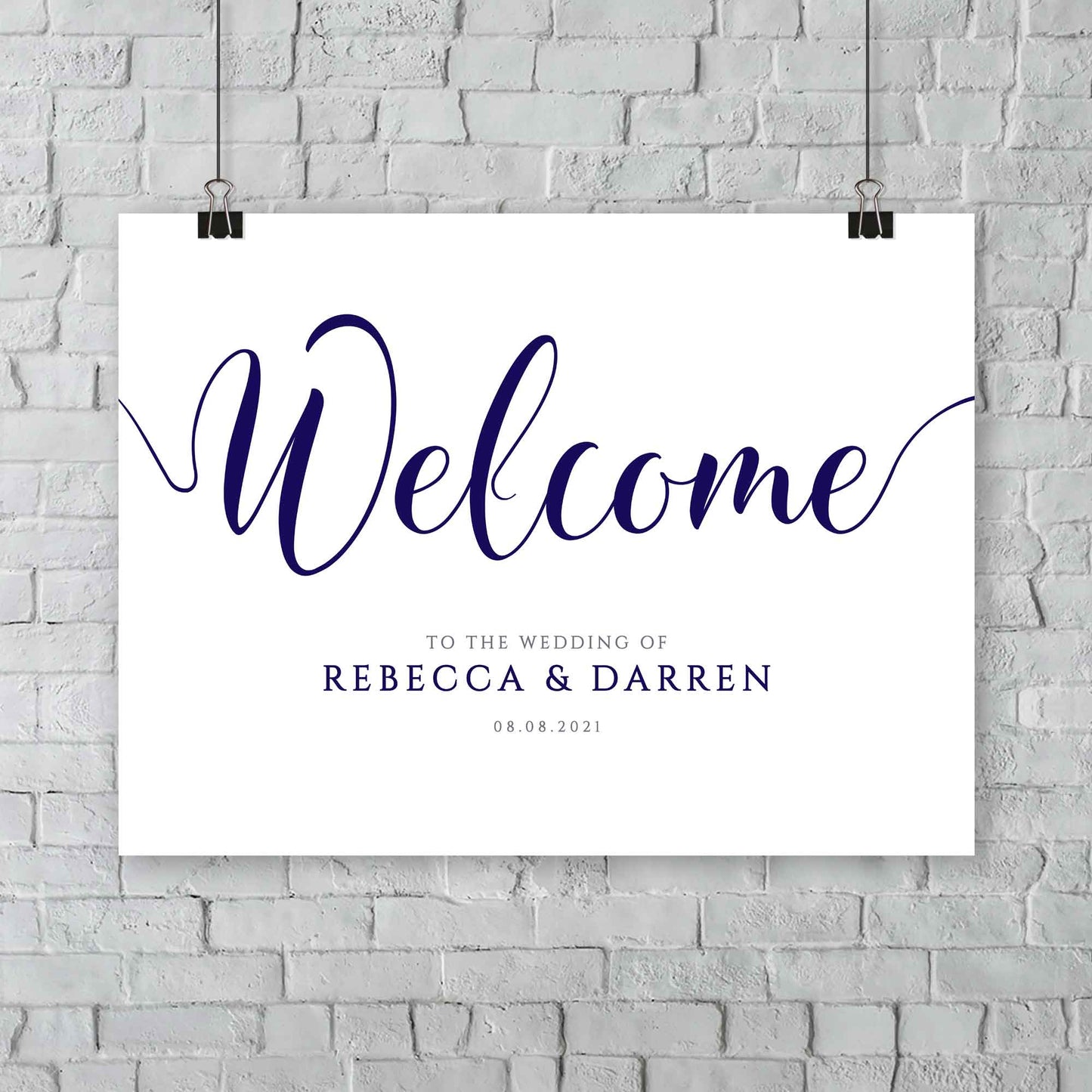 navy welcome signage with editable bride and groom names and wedding date
