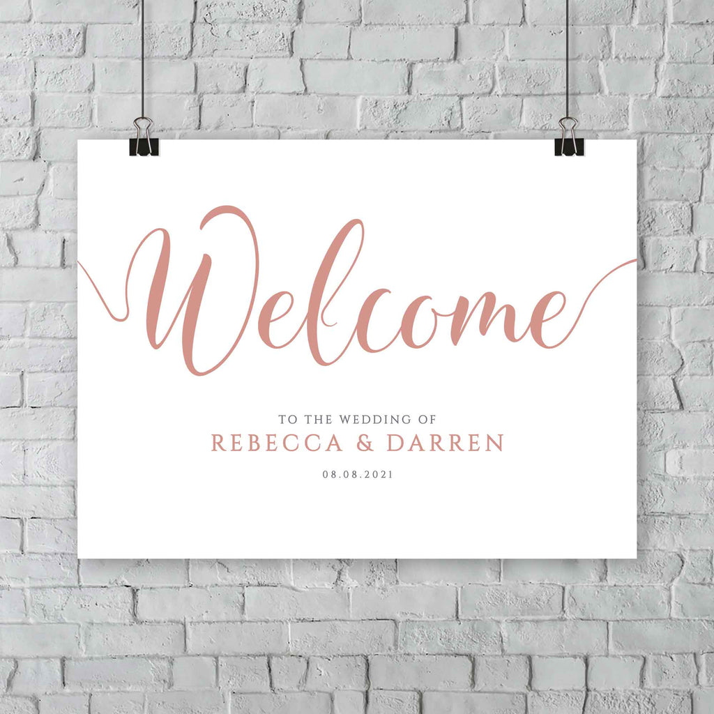 hanging rose gold wedding welcome signage