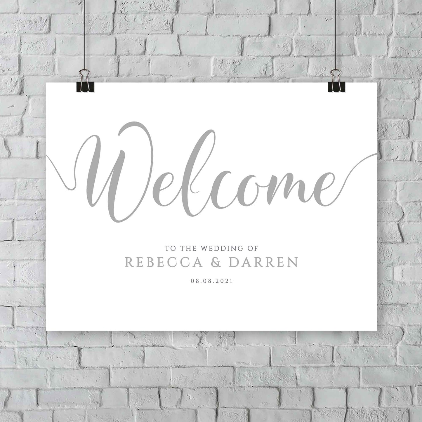 hanging silver wedding welcome signage