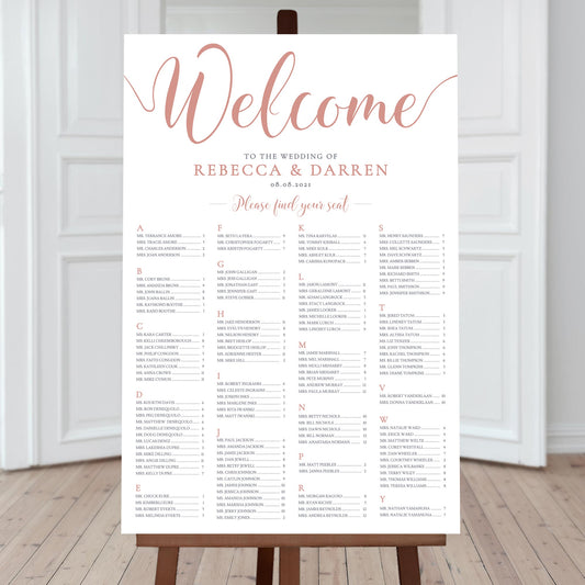 large a-z seating chart with 4-columns for 200 guests