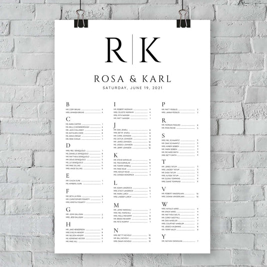 large initials b&w alphabetical seating chart hanging wall